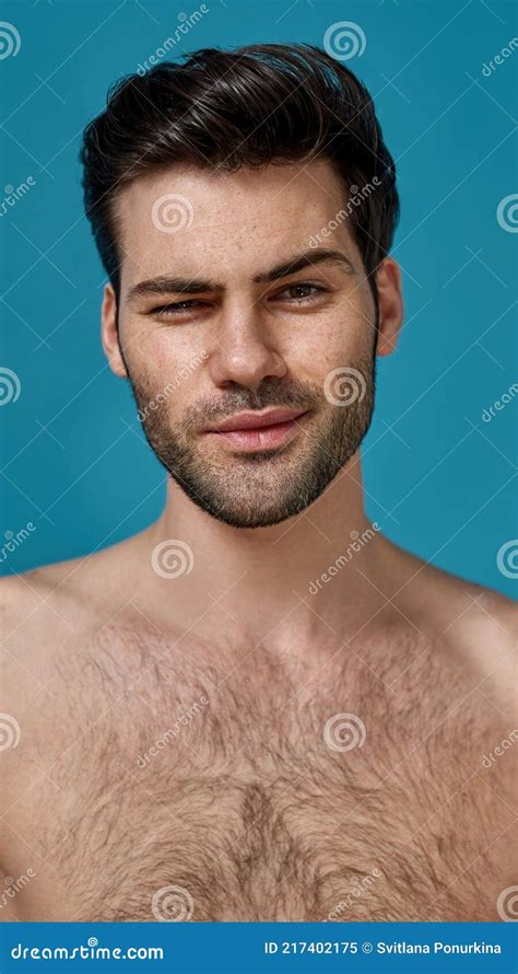 Portrait Of Attractive Naked Brunette Man With Fresh Perfect Smooth