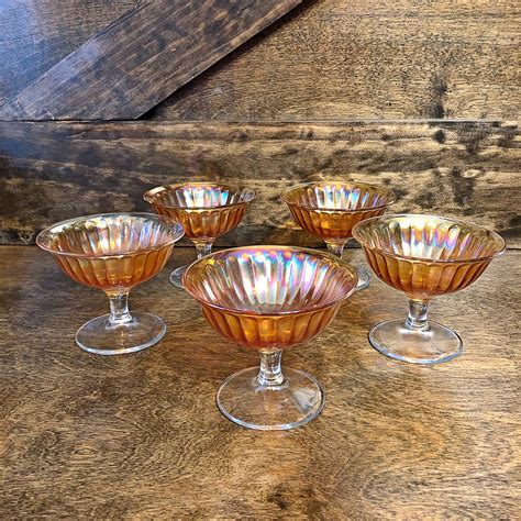 Vintage Peach Carnival Glass Dessert Dishes Set Of 5 Etsy Vintage Kitchenware Carnival