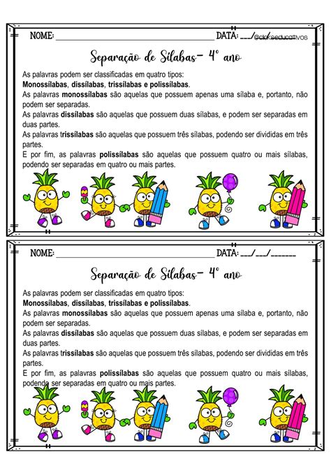 Atividade Com Separação De Silabas 4 Ano Novo Produto