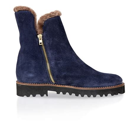 Sheepskin Lined Ankle Boots Navy Blue Leather Fur Boots Woman Sheep