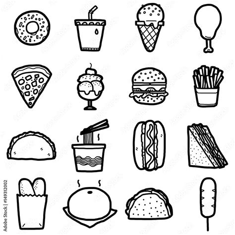Junk Food Icons Set Cartoon Vector And Illustration Hand Drawn