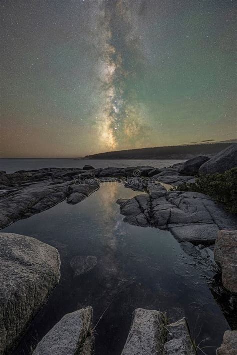 Milky Way Galaxy Tide Pool Reflection At Otter Point Overlook Stock
