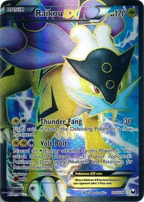 To improve odds, use a lure and have a catch combo of 31 or more coming. Pokemon Raikou EX - 105/108 - Full Art Ultra Rare LP