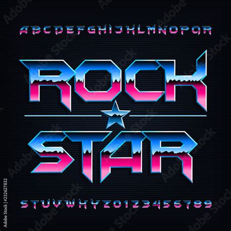 Rock Star Alphabet Font Metallic Beveled Letters And Numbers Stock