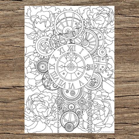 Steampunk Clock Printable Adult Coloring Page From Favoreads Etsy