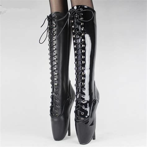 women 18cm spike high heel sexy fetish ballet pink knee high boots lace up bdsm plus size unisex