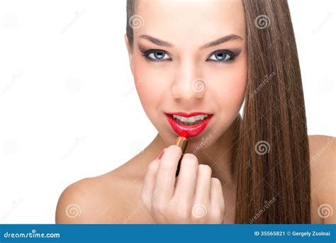 Beautiful Fair Skinned Woman Using A Red Lipstick Stock Image Image Of Caucasian Glamour
