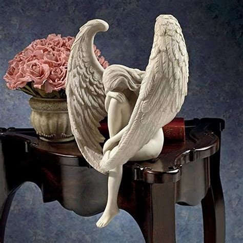 The Anguished Angel Long Winged Sitting Statue Resin Sorrowful Figure