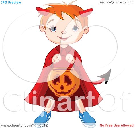 Cartoon Of A Trick Or Treating Halloween Kid In A Devil Costume