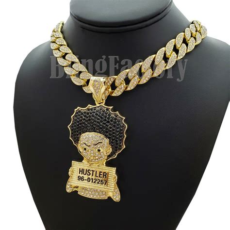 Hip Hop Iced Large Huey Hustler And 18 Full Iced Cuban Choker Chain Nec