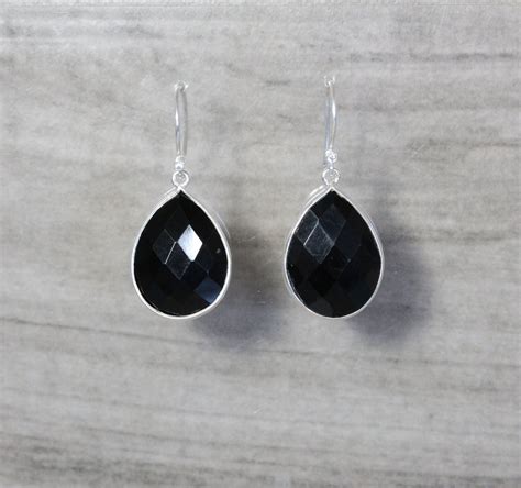 Cinch Bezel Black Onyx Drop Dangle Earrings Elegant Gemstones Fashion