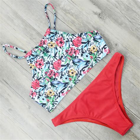 High Neck Bikini Set 2017 Floral Print Swimwear Women Push Up Swimsuit Brazilian Biquini Crop