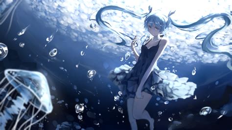 Hatsune Miku Underwater Smiling Water Bubbles Twintails Hatsune