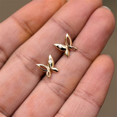 14k Solid Gold Butterfly Earrings With Flush Set Natural Etsy