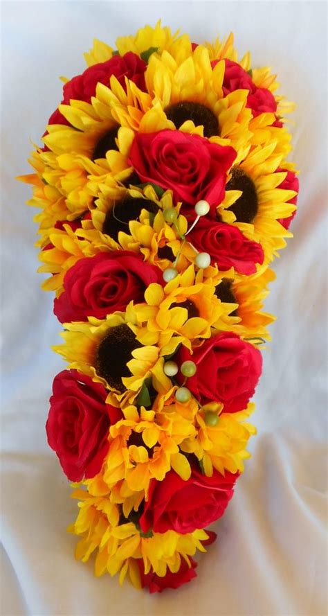 The june birth flower, rose is a powerful flower! Fall cascade bride bouquet Sunflowers and roses 2 pc | Etsy