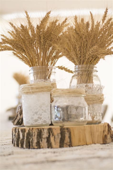 Vintagelace Wrappedmasonjarweddingcenterpieces Wheat Centerpieces