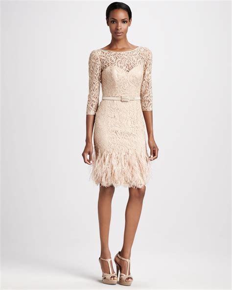 Theia Feather Hem Lace Cocktail Dress