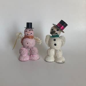 Vintage Mid Century Pair Of Paper Mache Mica Glitter Snowmen Etsy
