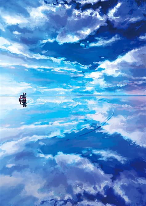 Anime Art Blue Sky Water Reflection Scooter Boy Girl Sky Water