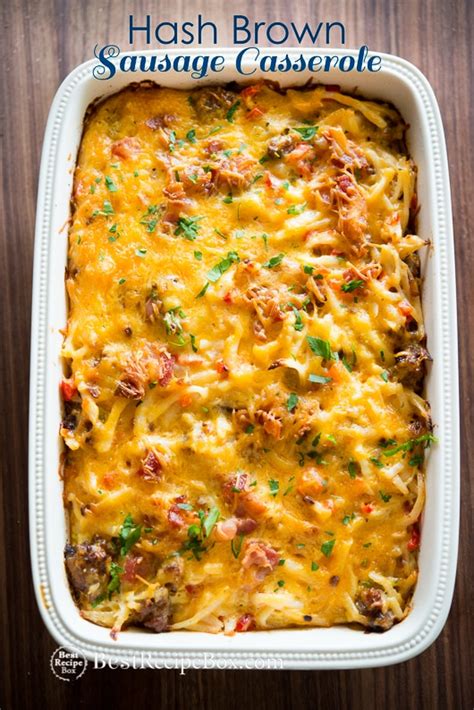 In a large bowl, whisk the eggs, milk and pepper; Hash Brown Breakfast Casserole with Bacon and Sausage | Best Recipe Box