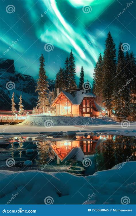 Aurora Borealis O Luces Del Norte Sobre Lago Esmeralda Lodge Brillando