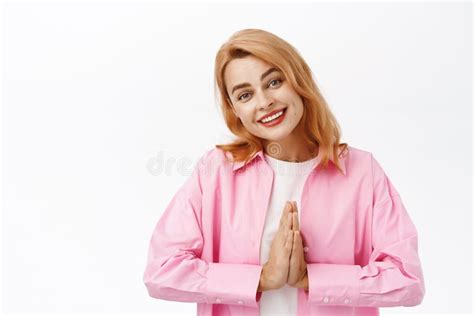 Namaste Thank You Smiling Cute Woman Holding Palms Together