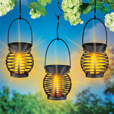Solar Powered Hanging Faux Flame Lanterns Set Of 3 Collections Etc