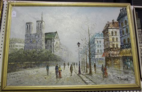 J Bardot View Of Notre Dame Oil On Canvas Signed Approx 61cm X