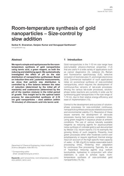 Pdf Room Temperature Synthesis Of Gold Nanoparticles Size Control By Slow Addition