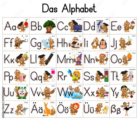 german deutsch abc alphabet set cartoon letters with owl character stock vektor adobe stock