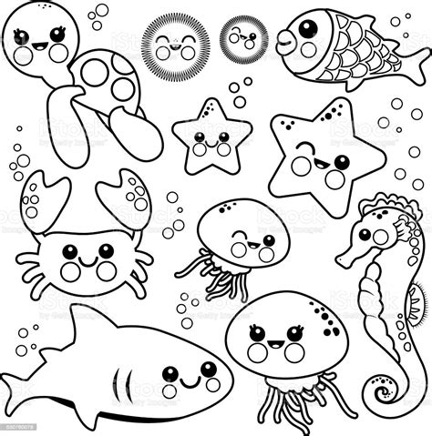 Sea Animals Coloring Book Page Stock Illustration