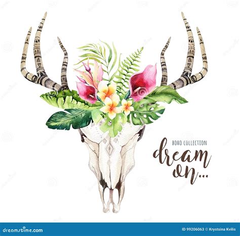Watercolor Bohemian Cow Skull And Tropic Palm Leaves Western Deer