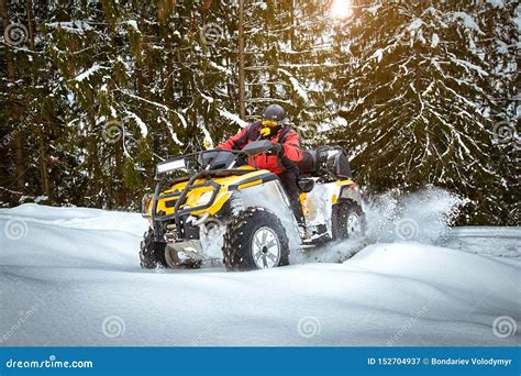 Winter Race On An Atv On Snow In The Forest Stock Image Image Of