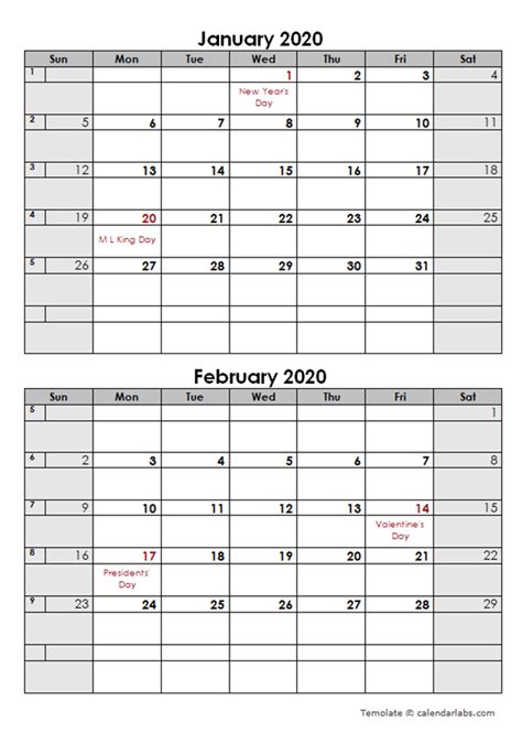 2020 Two Months Word Calendar Template Free Printable Templates