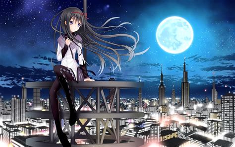 Wallpaper Anime Girl Sit On Roof City Skyscrapers Night Moon