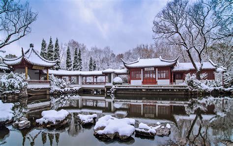 壁纸 冬季 雪 Suzhou Gardens 花园 中国 湖 Chinese Traditional Architecture