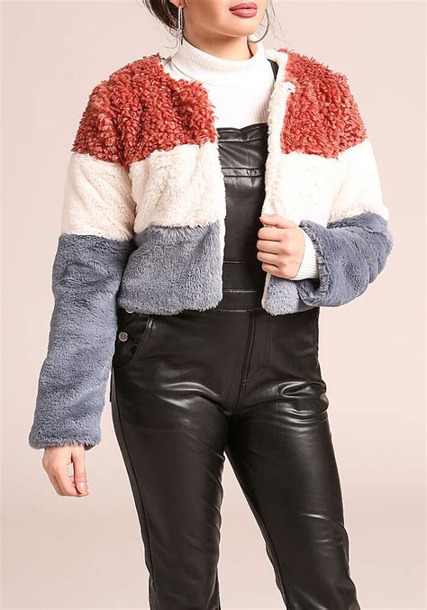 Junior Clothing Multi Faux Fur Color Block Cropped Jacket