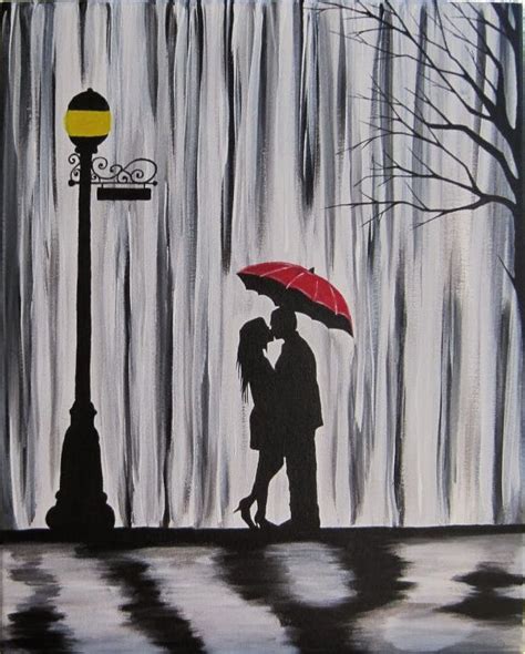 Original Couple In Rain Painting Couple Kissing In The Rain Wall Art Couple With Red Umbrella