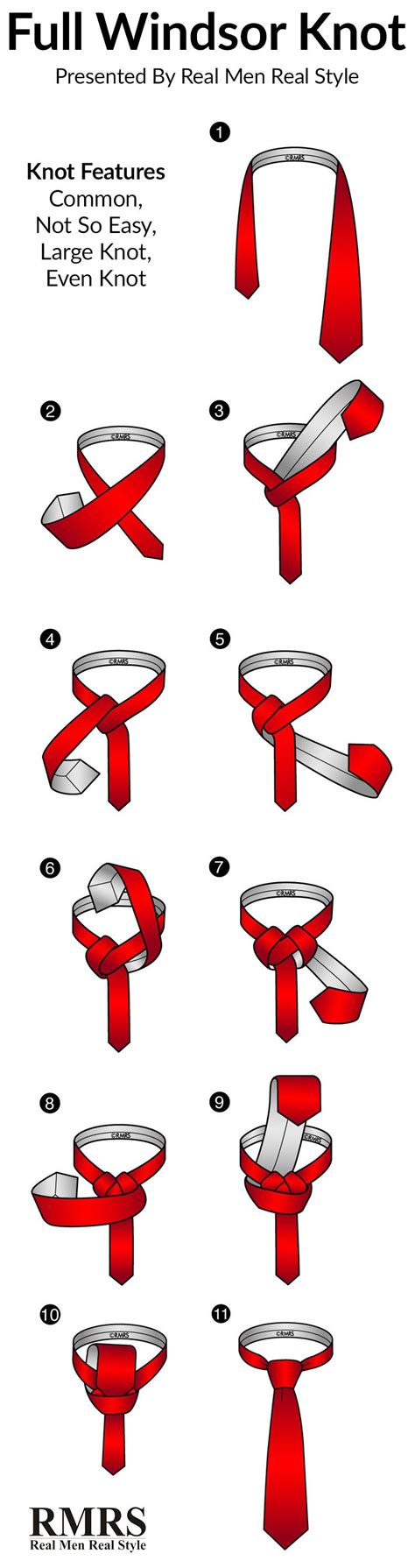 How to tie a tie with a double windsor knot (also known as the full windsor knot) using the tie hole method. How To Tie A Full Windsor Knot Infographic