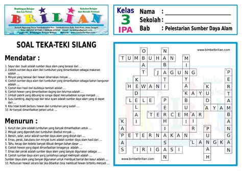 Soal Teka-Teki Silang ( TTS ) SD Kelas 3 IPA Bab Sumber Daya Alam | Bimbel Brilian
