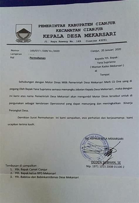 Dokumen ini biasanya digunakan untuk mengurus atau mengajukan permohonan izin baik itu cuti atau kebutuhan lainnya. Surat Permohonan Pengembalian Aset Desa Tak Digubris ...