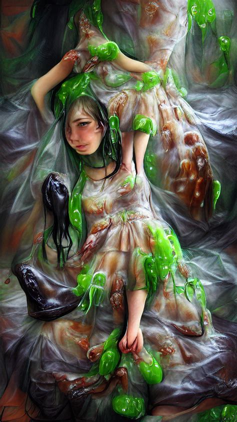 slimy girl covered in slime wearing a dress heavenly dev romance hyper realistic evolved