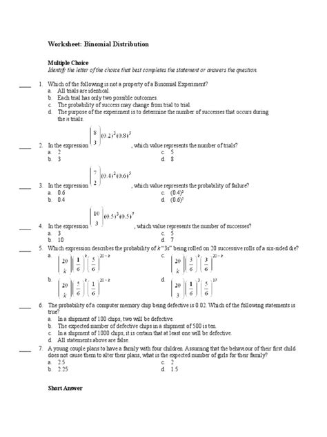 62 Binomial Probability Practice Worksheet Expected Value Multiple