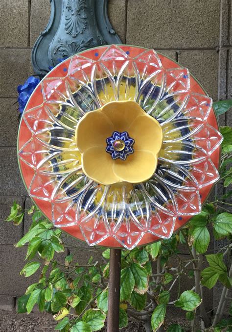 Plate Flower Made Of Repurposed Items Glass Garden Art Glassware Garden Art Glass Garden