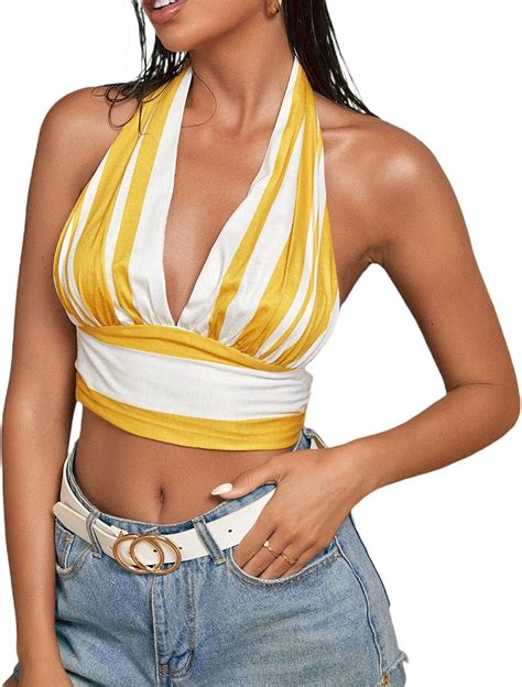 Noneayou Damen Neckholder Crop Tops Sexy Tiefer V Ausschnitt Ärmellos