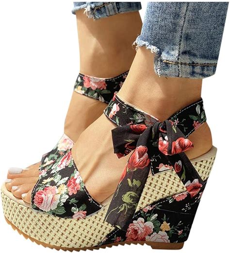 Mmlsure Wedges For Women Bohemia Floral Wedges High Heel Platform Lace Up Sandals Ladies Ankle