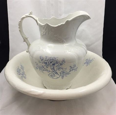 Antique Cornell Wash Basin Bowl And Pitcher Set White W Blue Flower