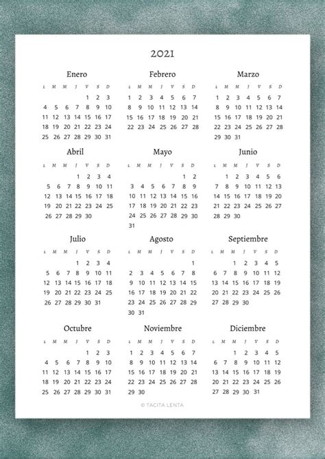 Calendario De 2021 En Una Sola Página Para Imprimir En A4 Elegante