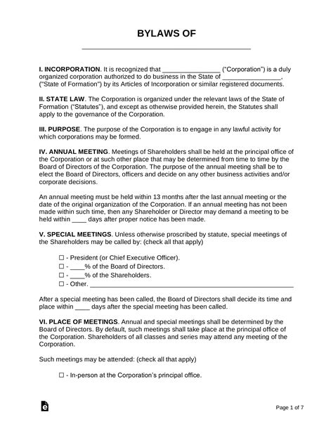 Free Corporate Bylaws Template Pdf Word Eforms