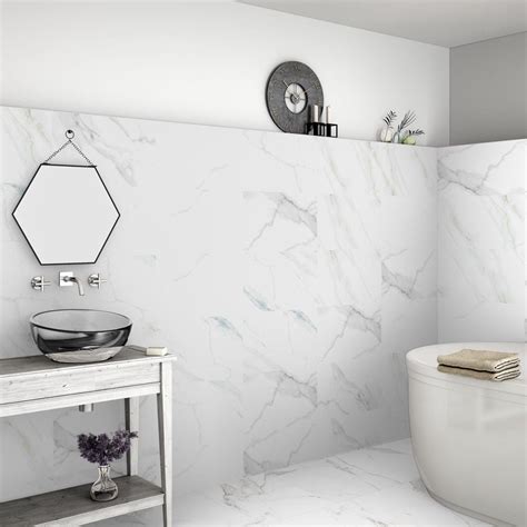 Wickes Calacatta Gloss White Marble Effect Glazed Porcelain Wall Floor